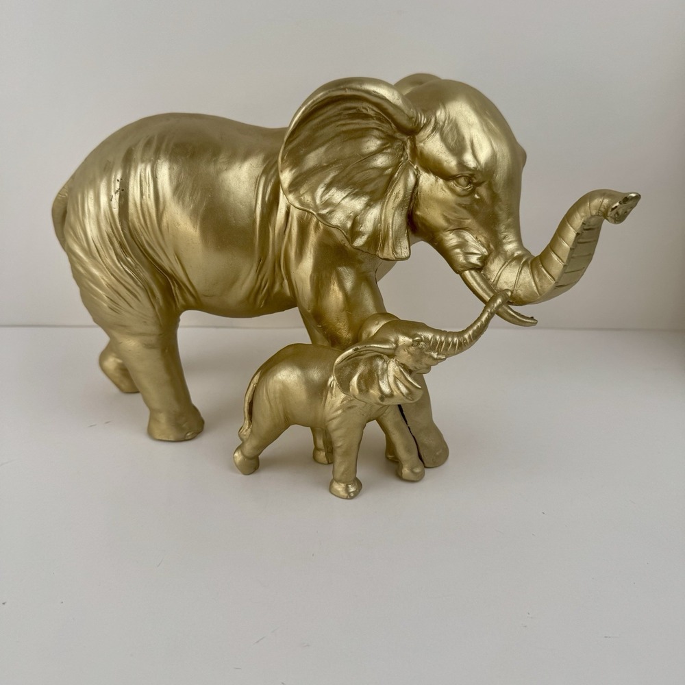 Gold Elephant Figurines Set Plaster Painted Safari Decor Mother Baby 10"